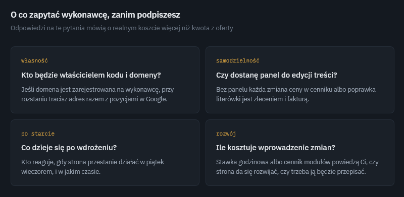 Cztery pytania o własność kodu, panel do edycji treści, wsparcie po wdrożeniu i koszt zmian, które warto zadać wykonawcy przed podpisaniem umowy.