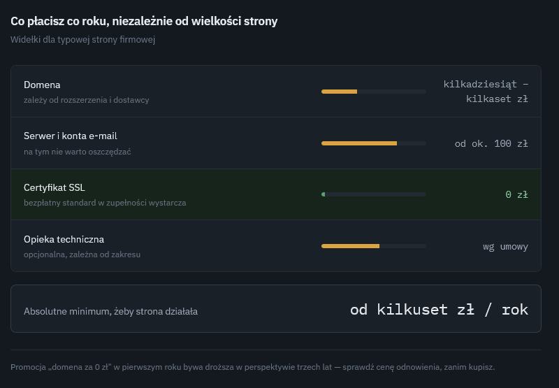 Zestawienie rocznych kosztów utrzymania strony firmowej, w którym certyfikat SSL wyróżniono jako pozycję bezpłatną.