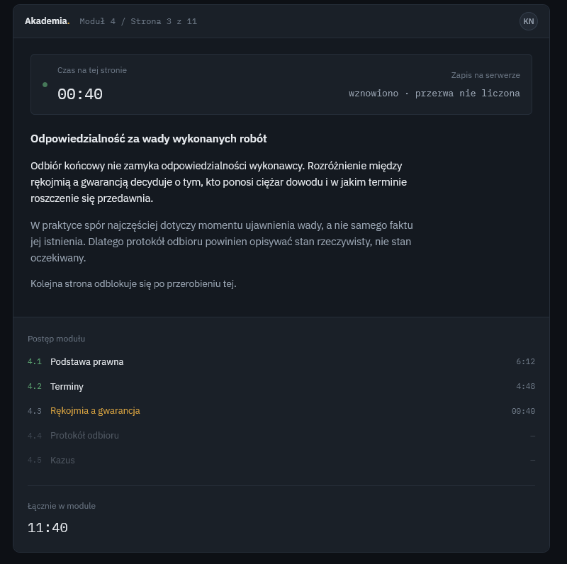 Pomiar czasu nauki kursanta na platformie szkoleniowej online.