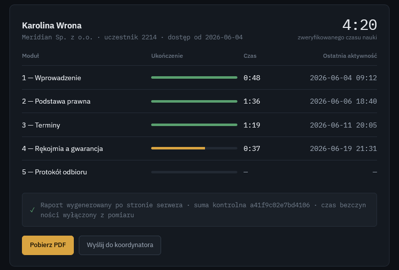 Raportowanie czasu nauki kursanta na platformie szkoleniowej online.